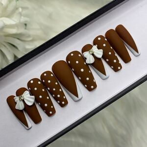 Elegant Bow Brown  Press On Nails | Handmade Press On Nails | Fake Nails